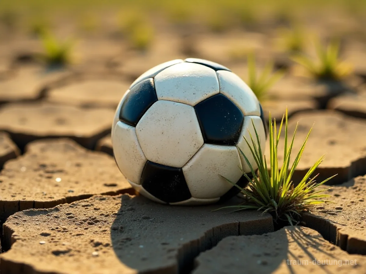 Ein kaputter Fußball liegt auf trockenem, rissigem Boden.