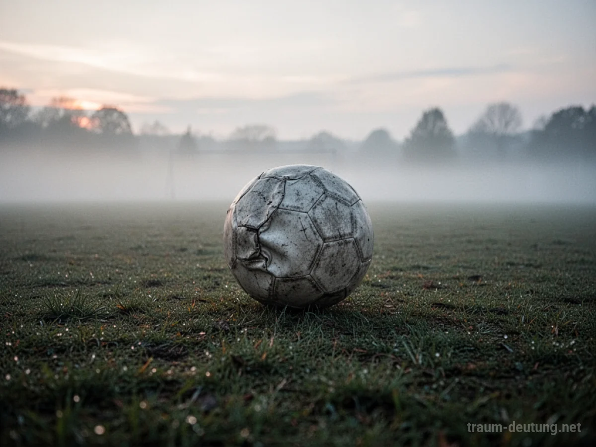 Ein Ball liegt allein auf einem weiten, nebligen Feld.
