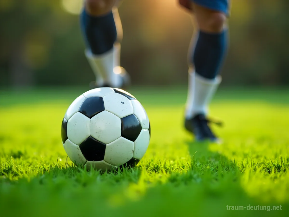 Fuß tritt einen Fußball auf einem grünen Rasen.