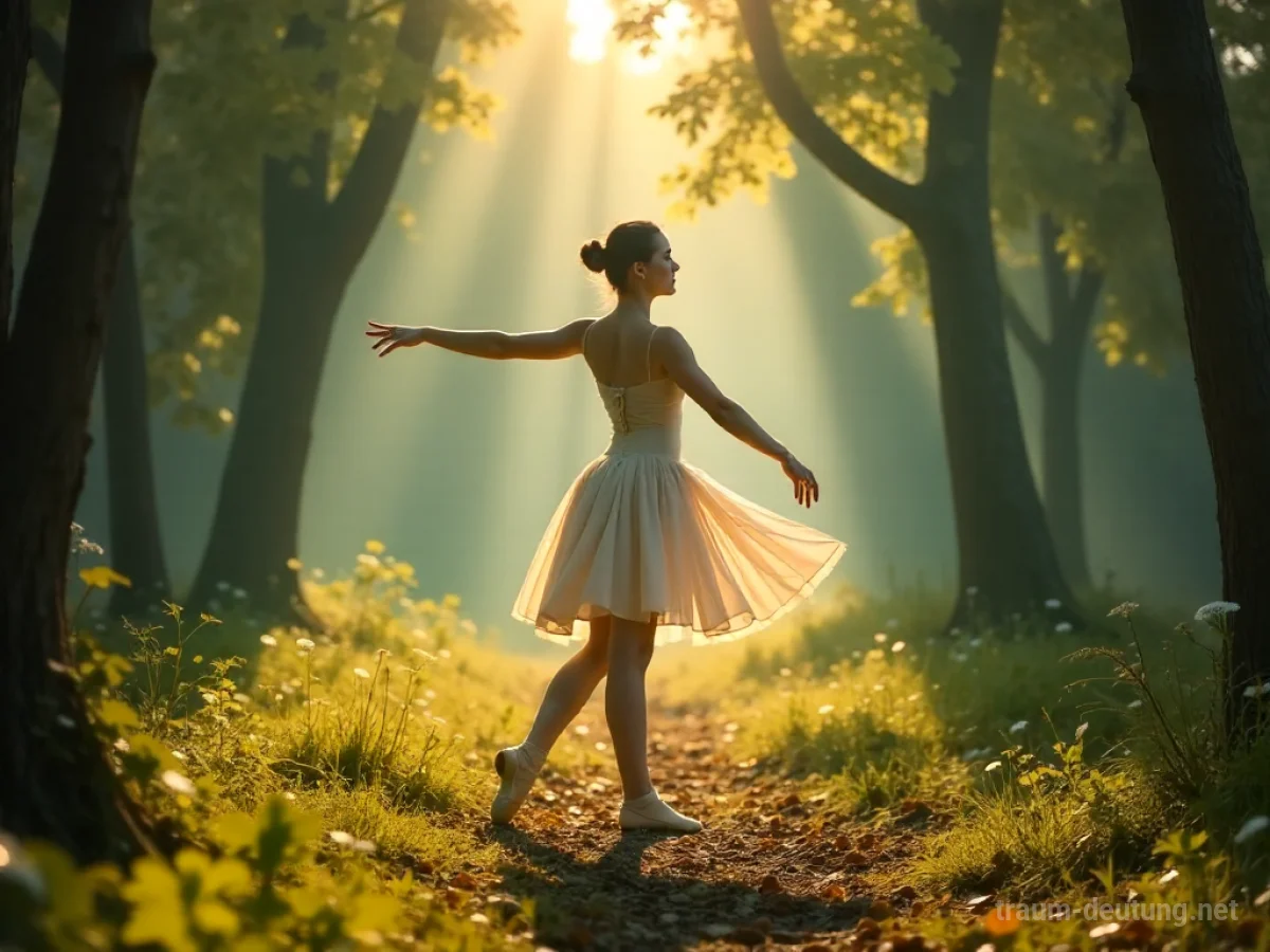 Eine Ballerina tanzt anmutig in einer sonnendurchfluteten Waldlichtung.