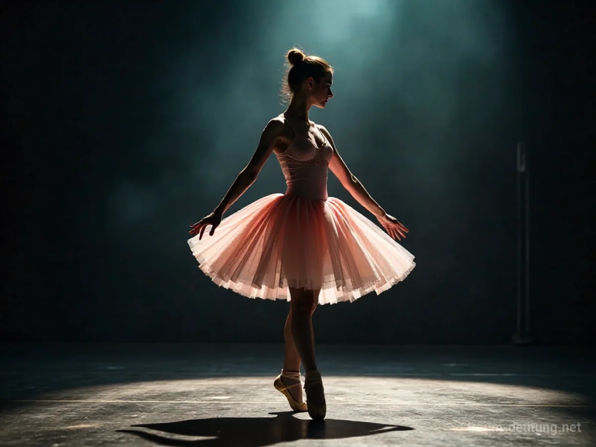 Eine Ballerina in einem Tutu dreht sich auf einer Bühne unter einem Scheinwerferlicht.