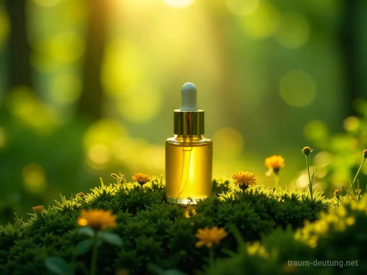 Eine Flasche goldenen Balsams auf moosigem Waldboden, beleuchtet von sanftem Sonnenlicht.