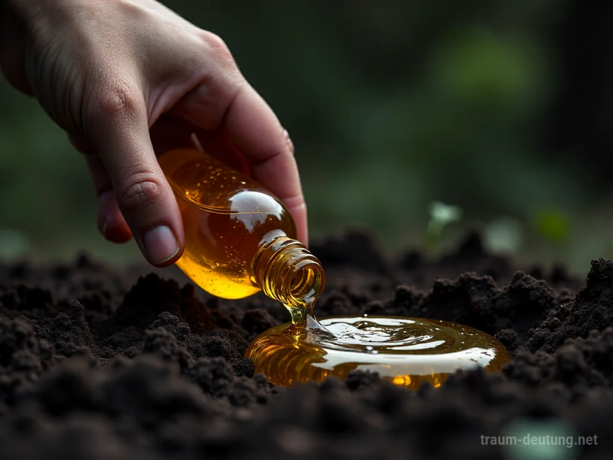 Goldene Flüssigkeit tropft aus verschütteter Flasche auf dunkle Erde