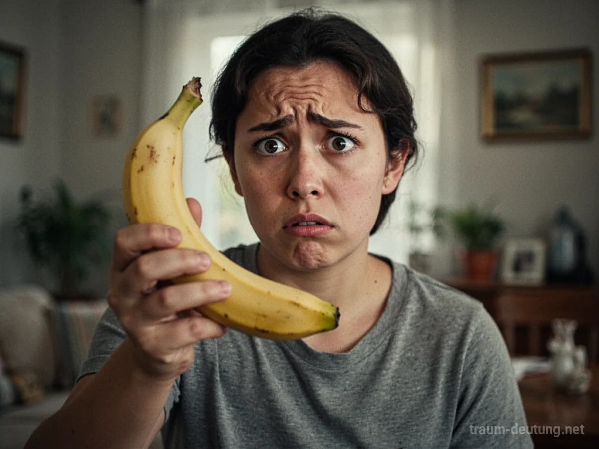 Eine Person hält eine Banane wie eine Waffe, unsicher blickend.