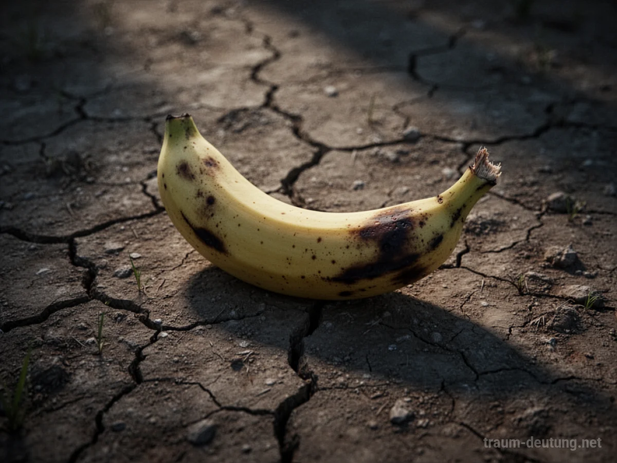Eine einzelne, leicht angeknickte Banane liegt auf rissigem, trockenem Erdboden.