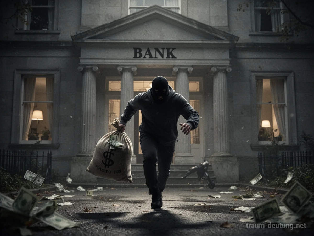 Eine Bank wird im Traum ausgeraubt, mit einer schemenhaften Figur, die flieht.