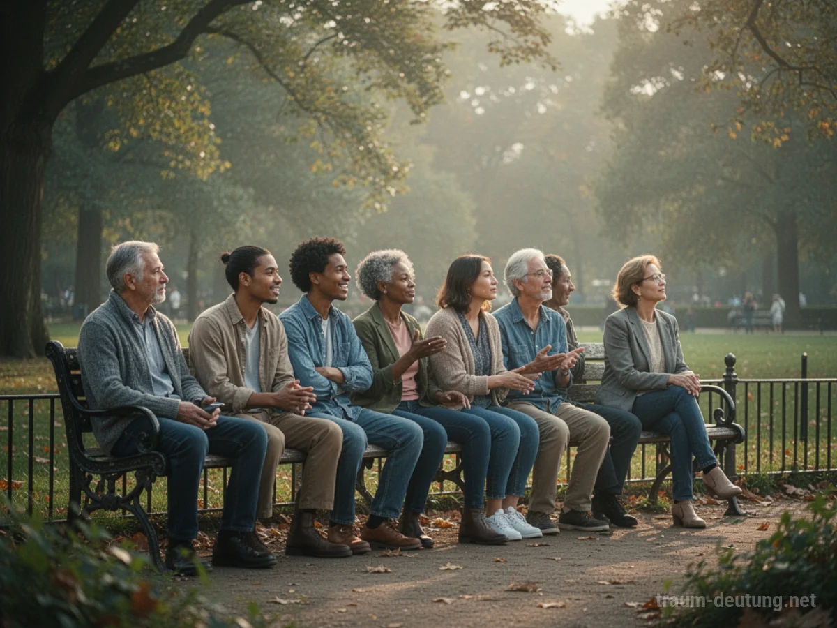 Menschen sitzen auf einer Bank in einer Gruppe zusammen, die Atmosphäre ist ruhig.