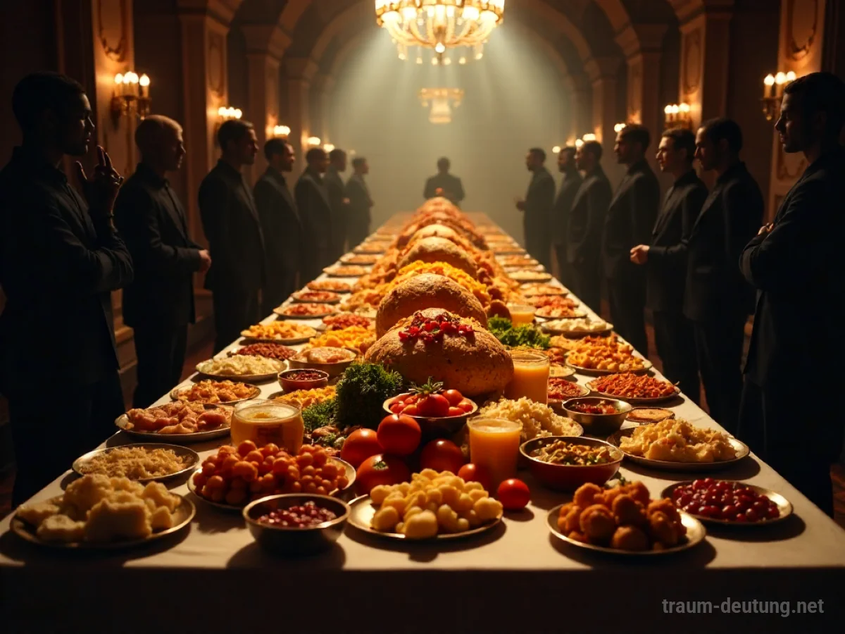 Ein opulent gedeckter Banketttisch voller Speisen.
