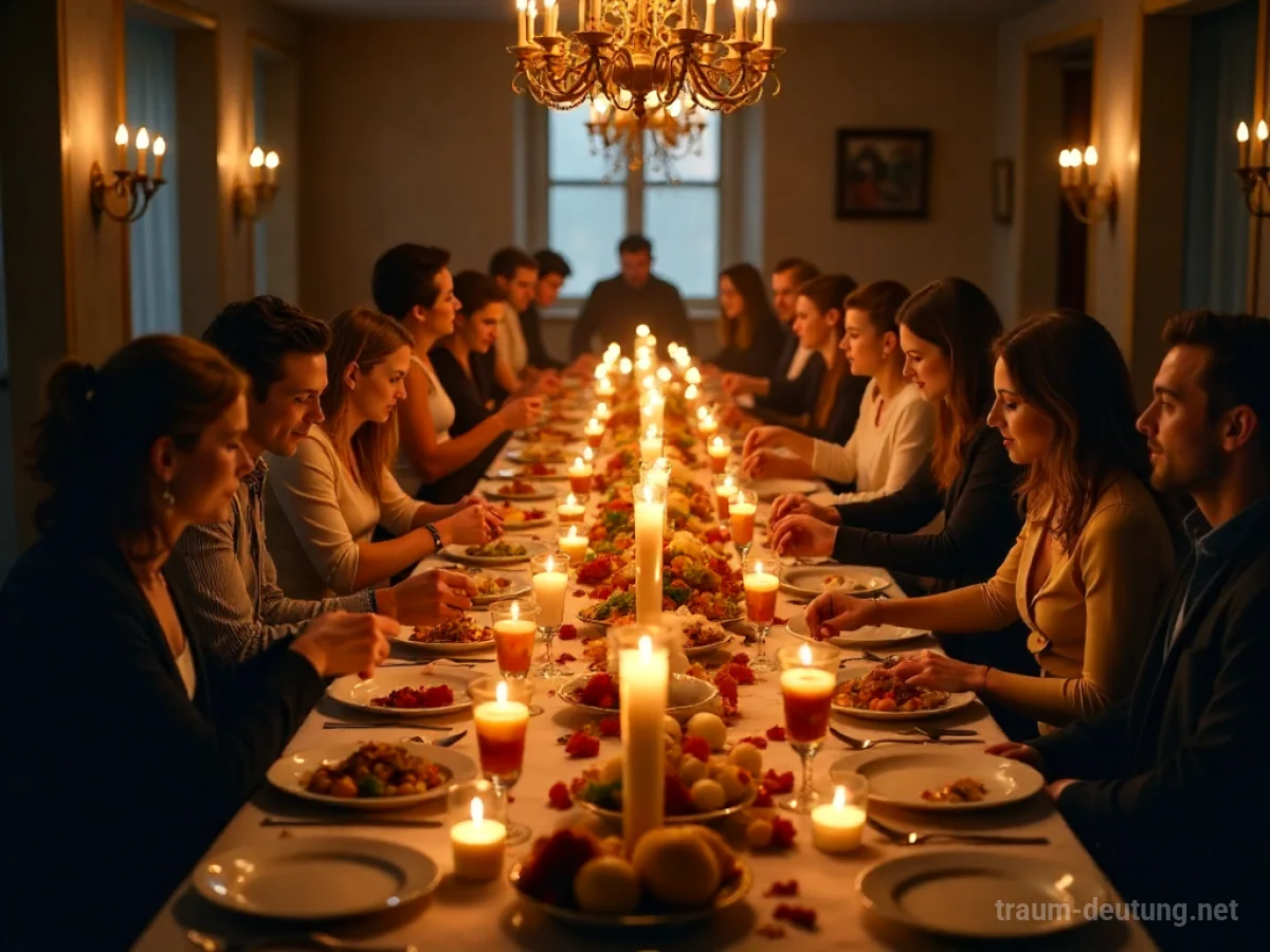 Ein üppig gedeckter Tisch für ein Bankett mit vielen Speisen und Menschen.