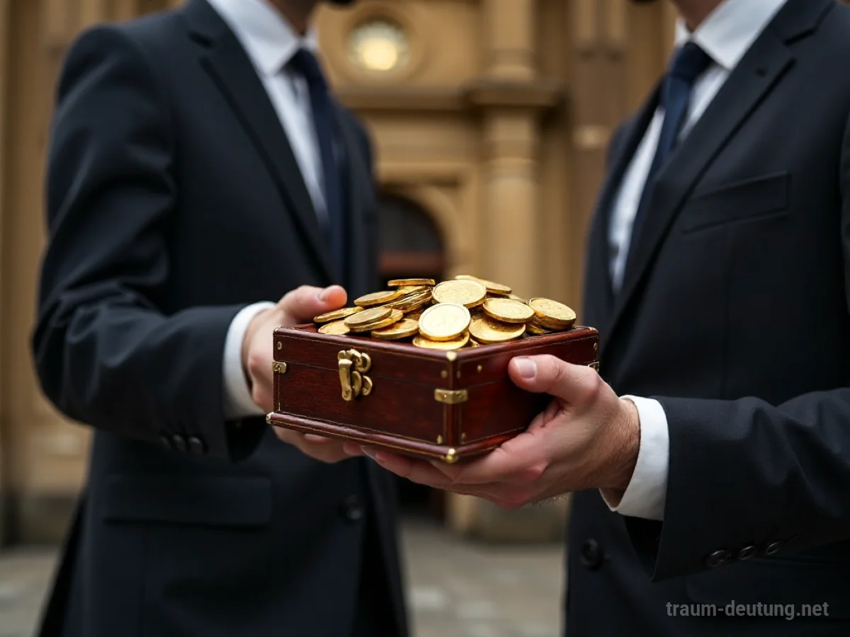 Ein Bankier überreicht eine Schatztruhe voller Goldmünzen.