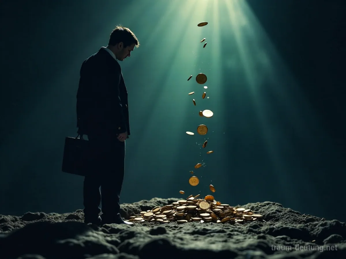Ein Bankier verliert symbolisch Geld, das in die Dunkelheit fällt.