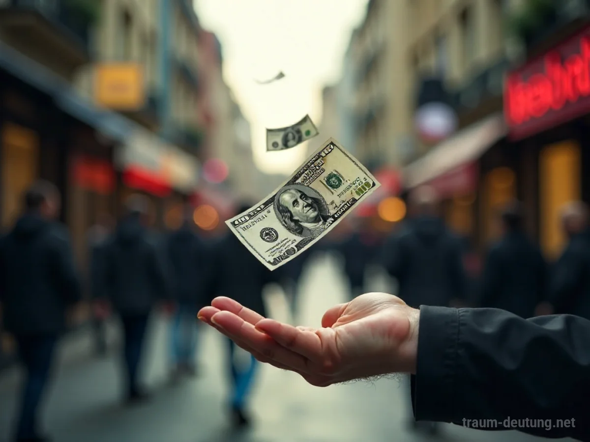 Verstreute Banknoten fallen aus einer Hand auf eine unscharfe Straße.