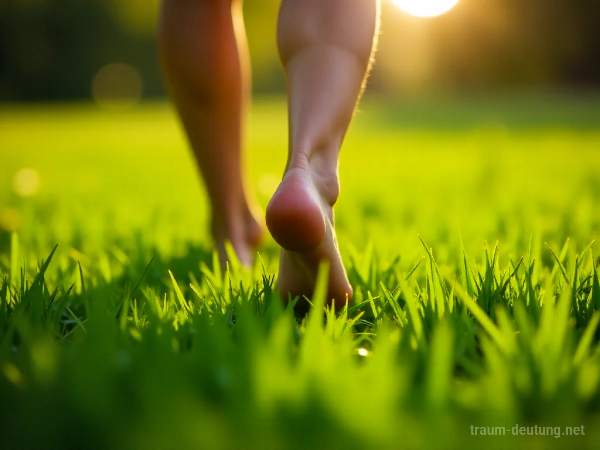 Barfuß auf grünem Gras laufen in einer sonnigen Wiese.
