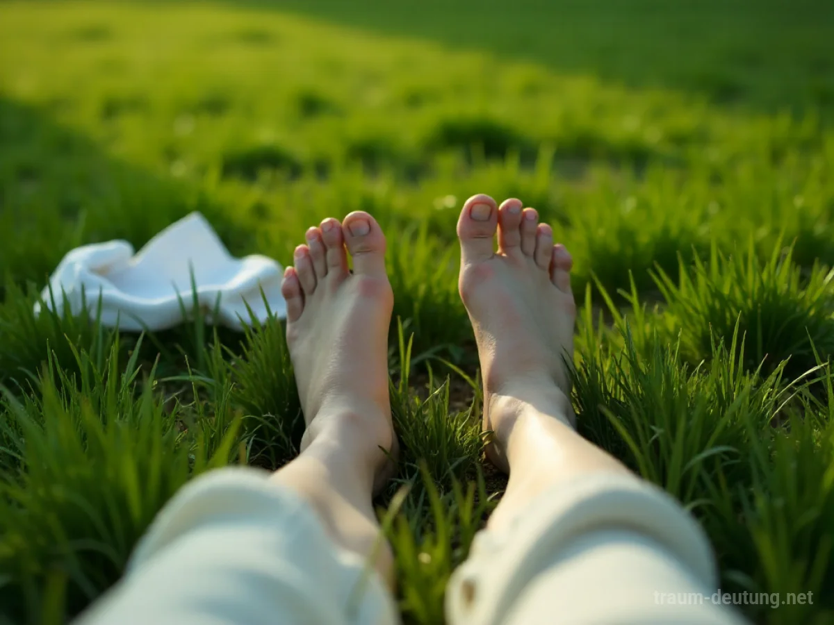 Barfuße Fußabdrücke im Gras mit einer entfernten Kleidungsschlange