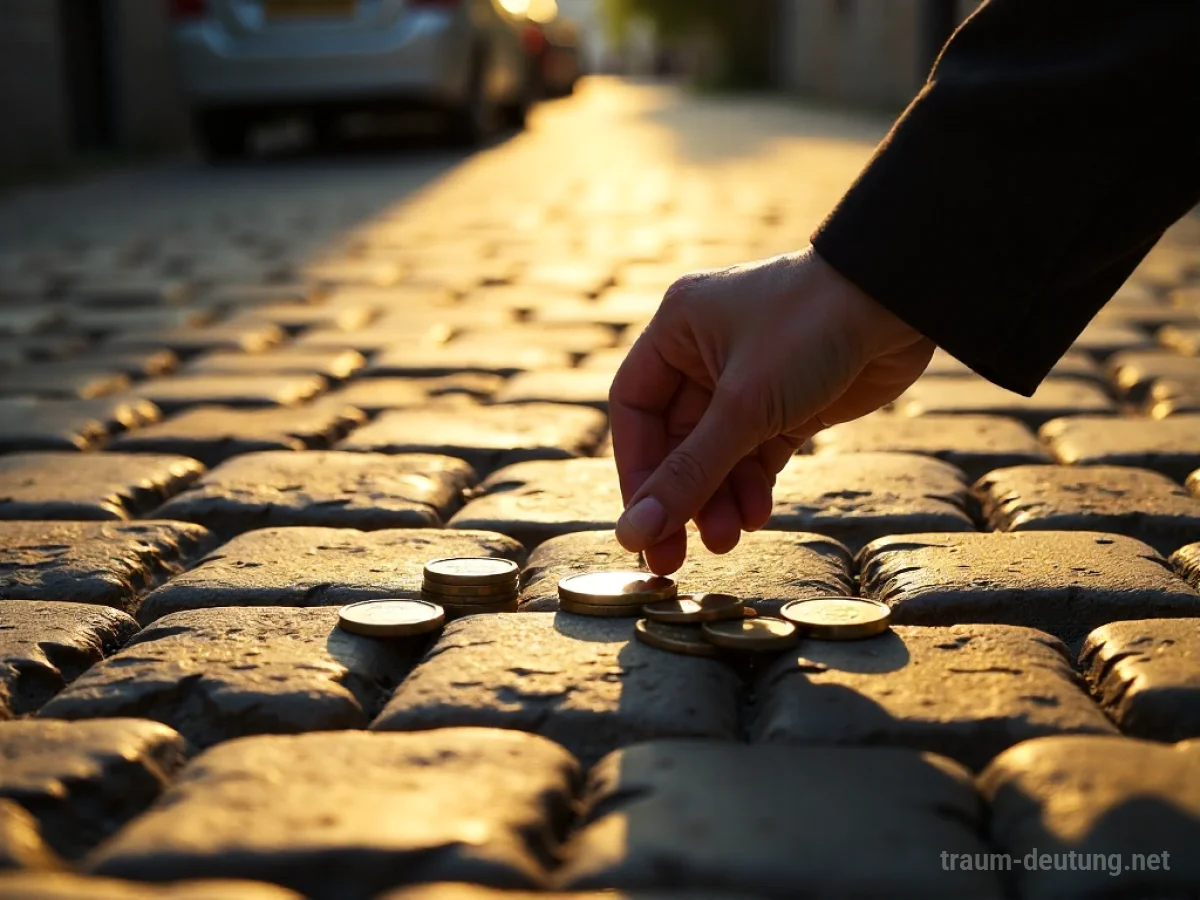 Eine Hand greift nach Münzen und Scheinen auf einem Weg.