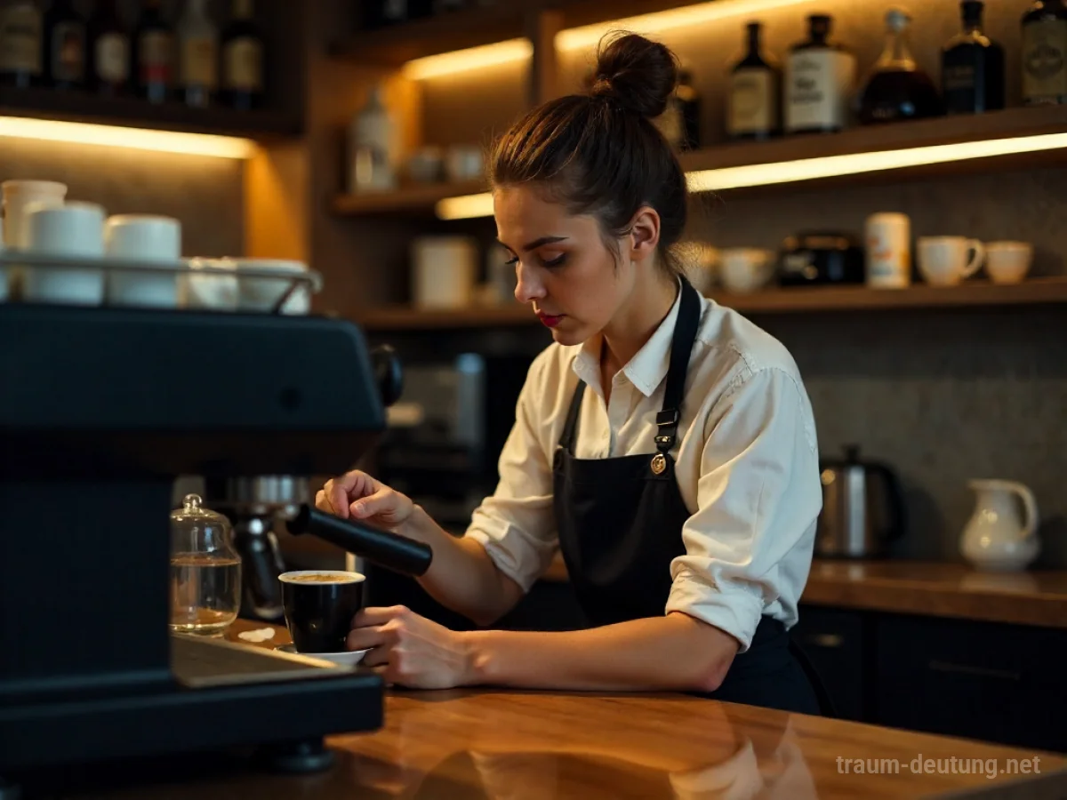 Barista mit verschüttetem Kaffee hinter der Maschine
