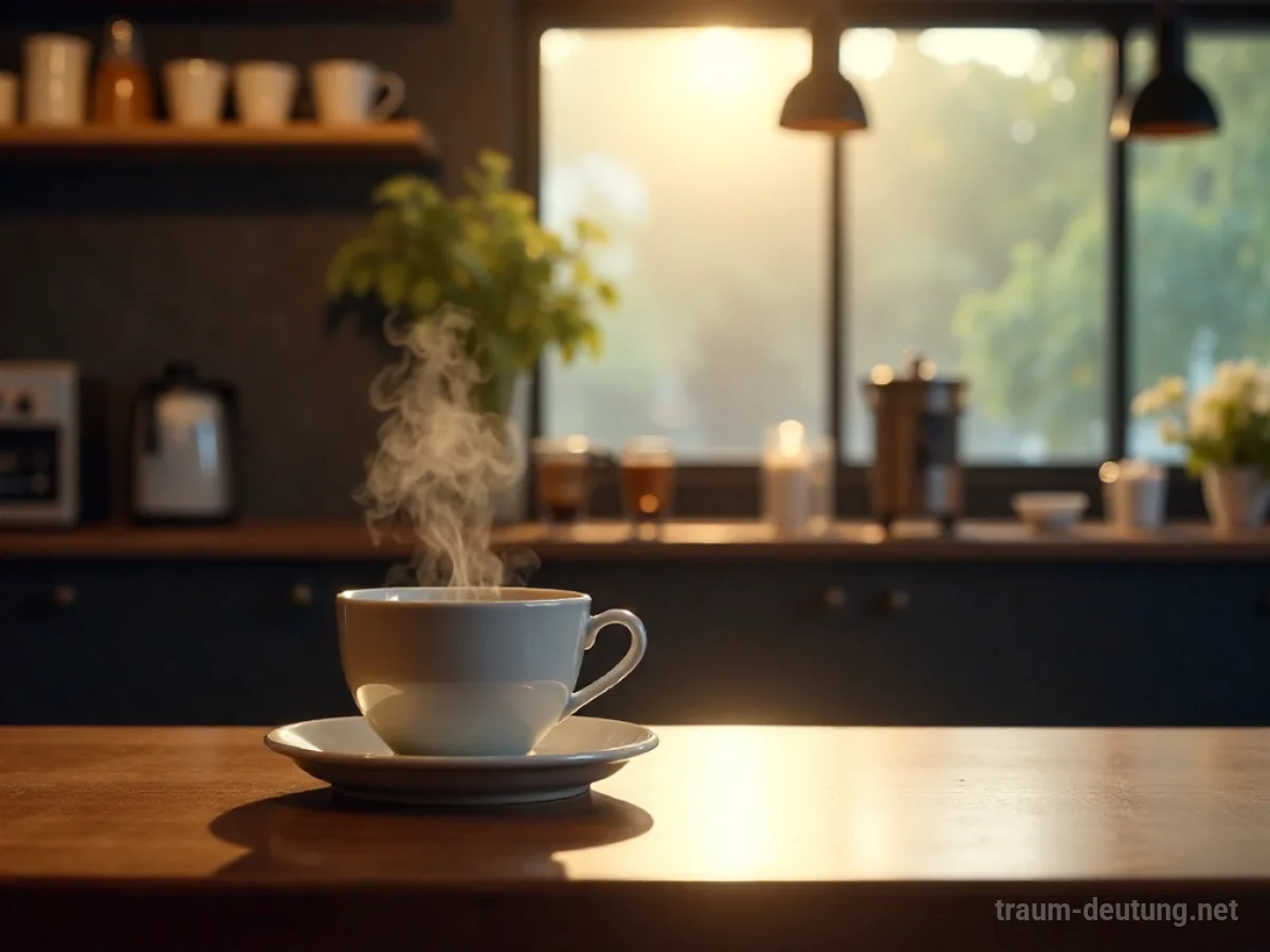 Leerer Kaffeehaustresen mit einer einzelnen, dampfenden Kaffeetasse.