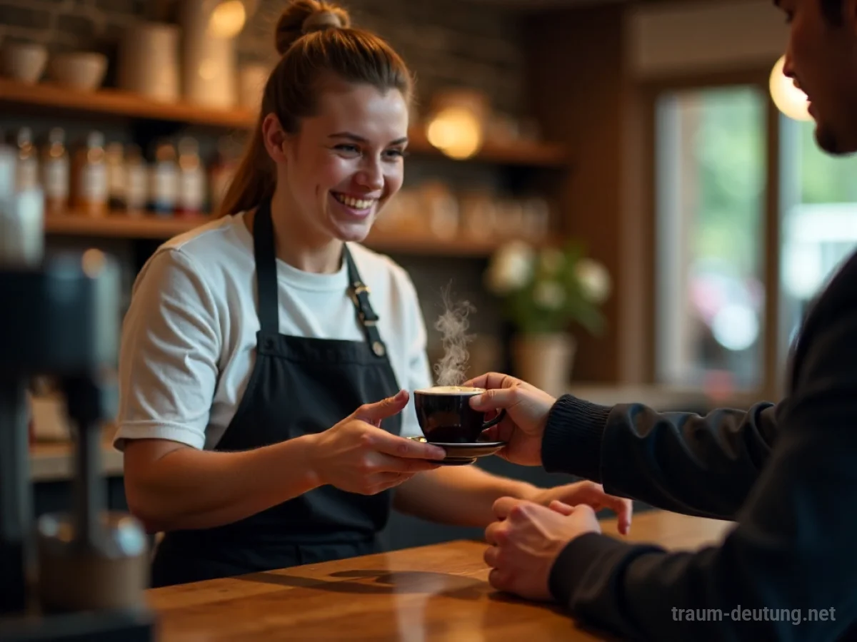Barista reicht eine Tasse Kaffee über die Theke in einem gemütlichen Café.