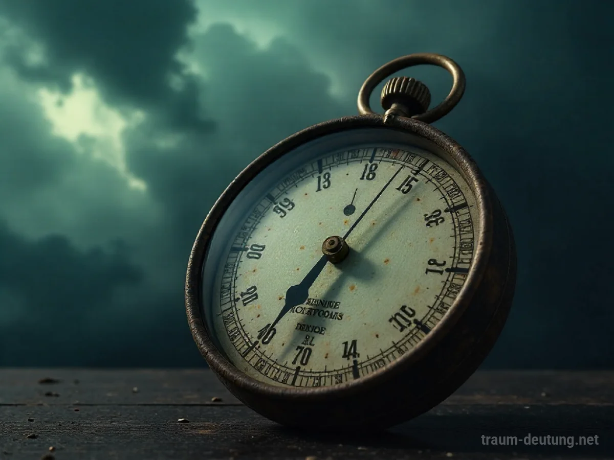 Ein altes Barometer dessen Zeiger rapide fällt, vor einem dunklen Himmel.