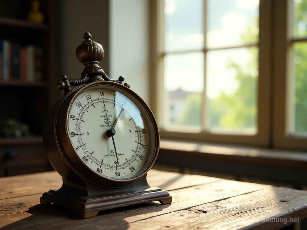Ein Barometer mit nach oben zeigender Nadel auf einem Tisch, im Hintergrund ein heller Himmel.