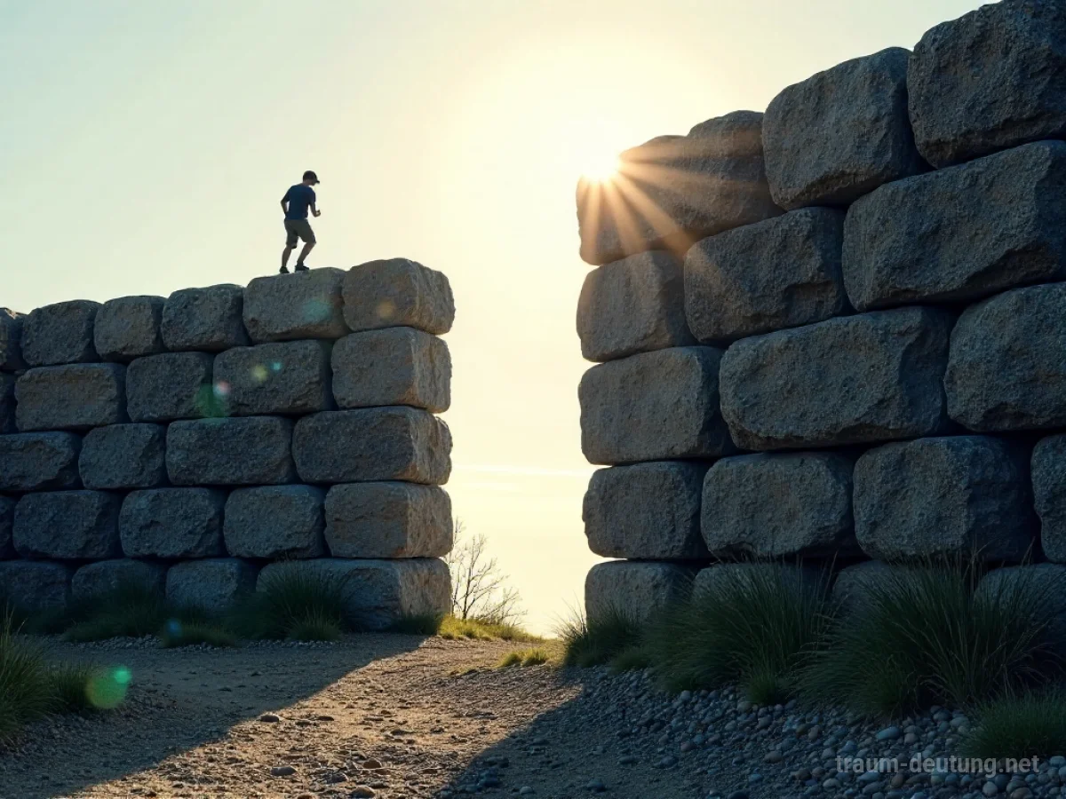 Silhouettenhafte Person klettert über eine hohe Steinbarrikade, um einen hellen Weg zu erreichen.
