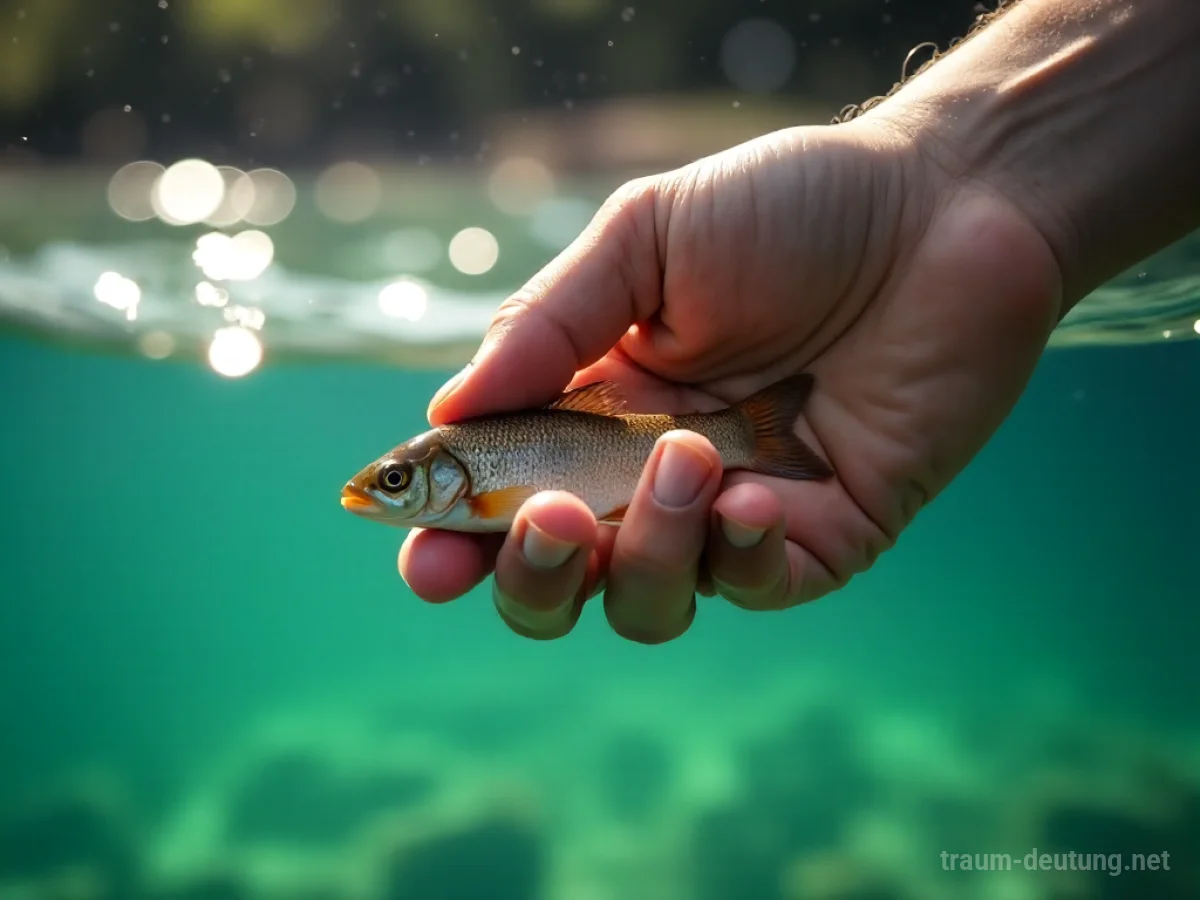 Hand lässt einen kleinen Barsch ins Wasser zurück.