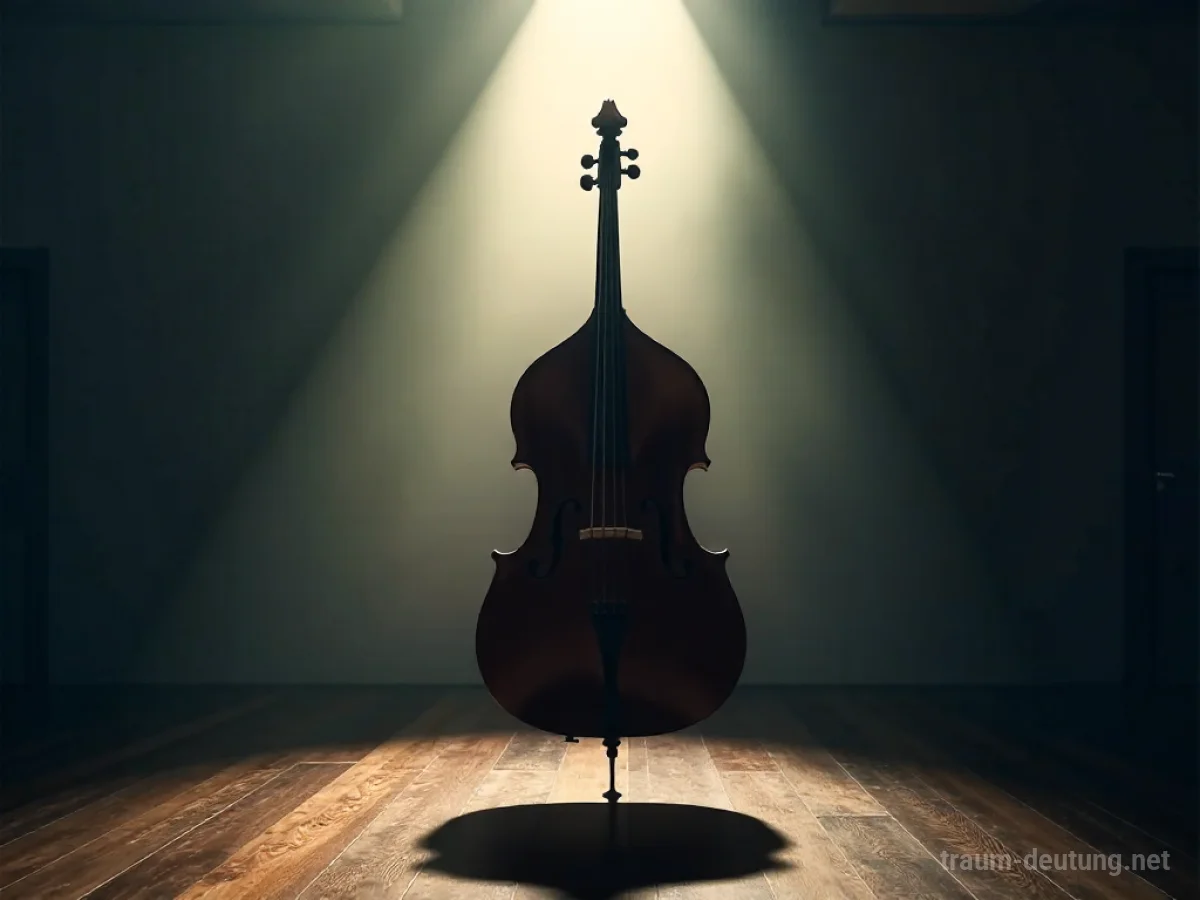 Bassgeige in einem schattigen Raum, beleuchtet von sanftem Licht.