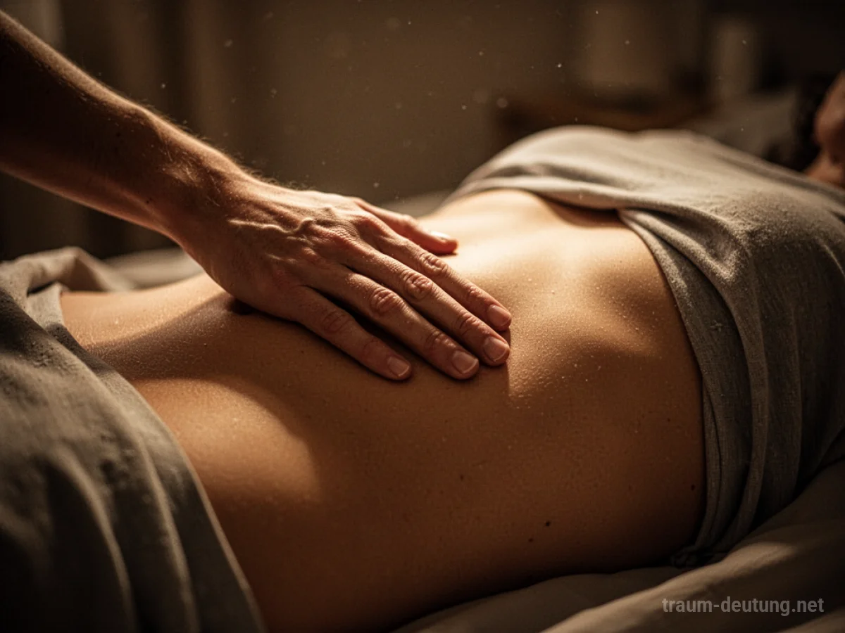 Eine Hand streichelt sanft einen Bauch im gedämpften Licht.