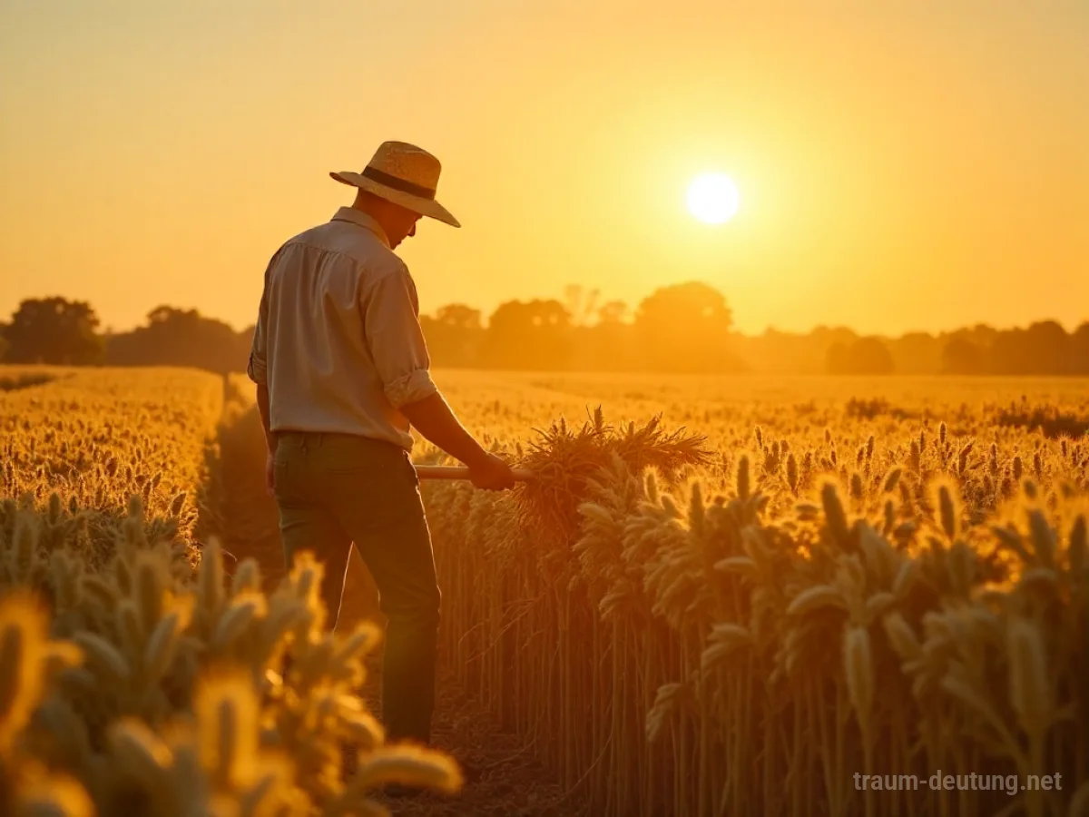 Bauer erntet ein goldenes Feld unter strahlendem Sonnenschein