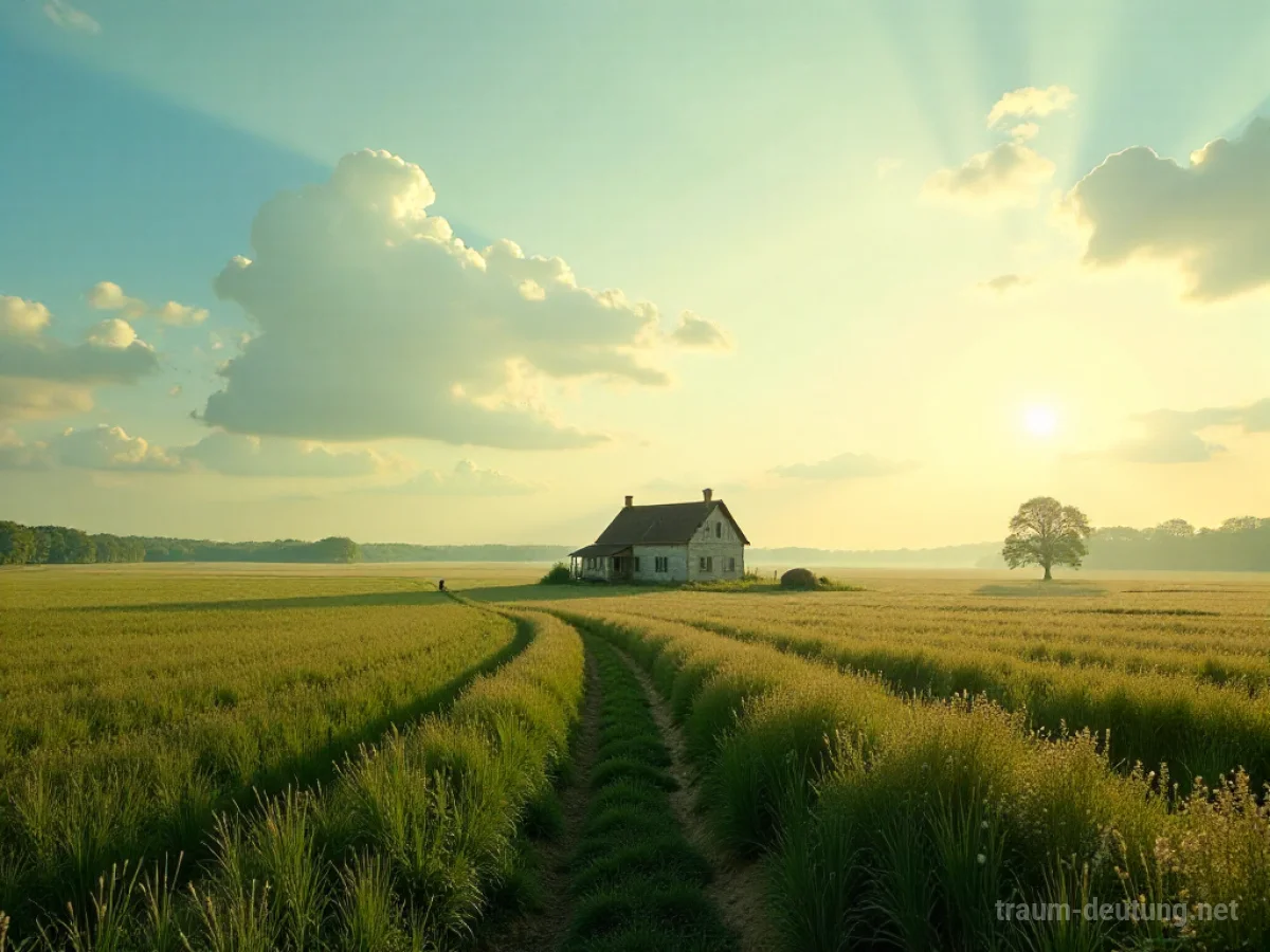 Ein Bauernhof mit Feldern unter einem hellen Himmel, der einen Erbschaftstraum symbolisiert.
