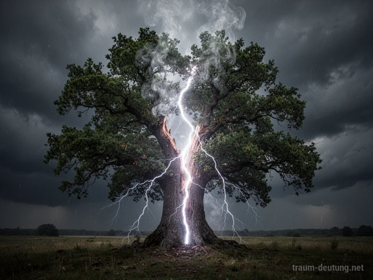 Ein alter Baum, der von einem Blitz gespalten wurde, vor einem dunklen Himmel.