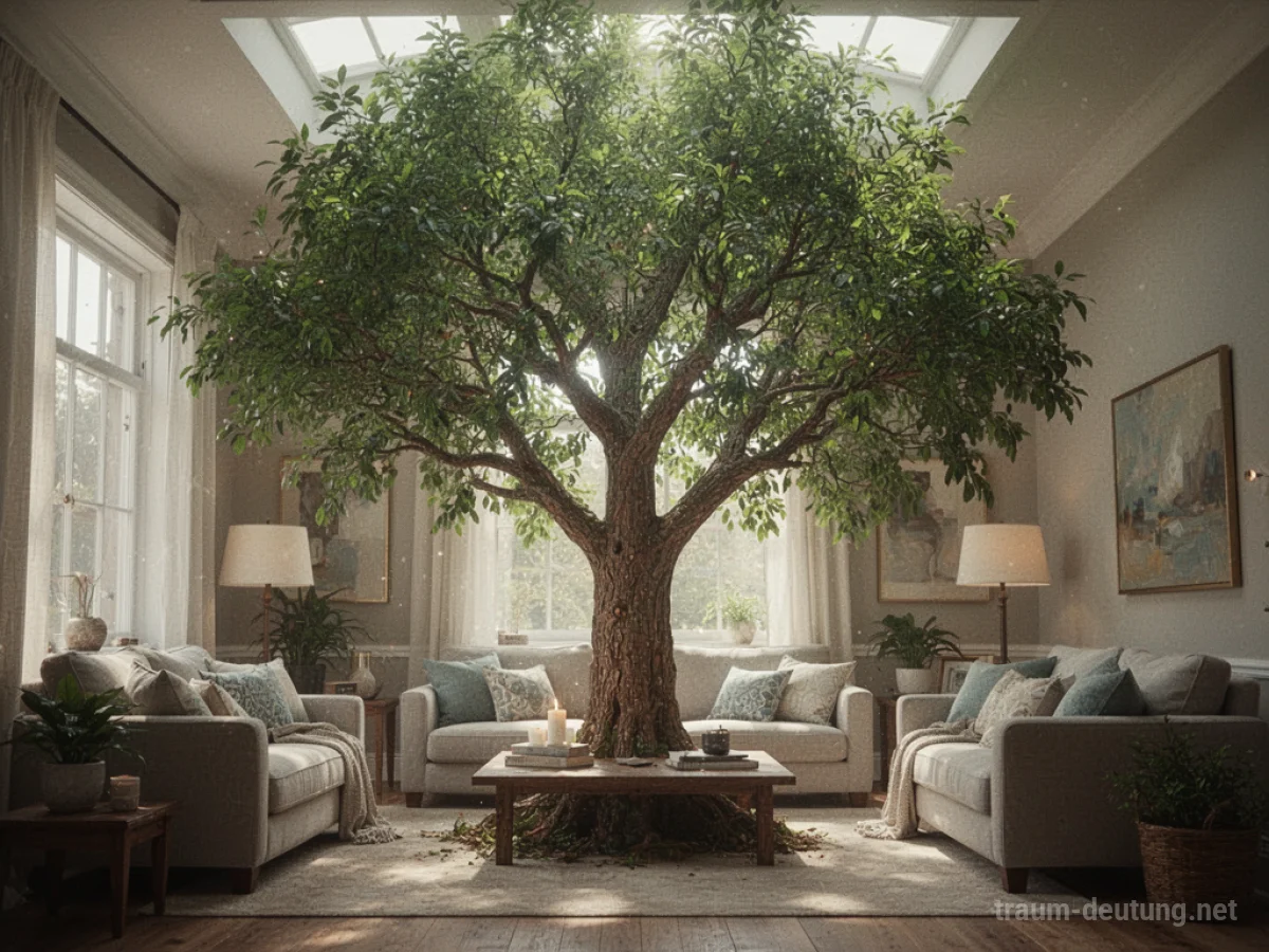 Ein Baum wächst in einem Wohnzimmer, umgeben von Möbeln.