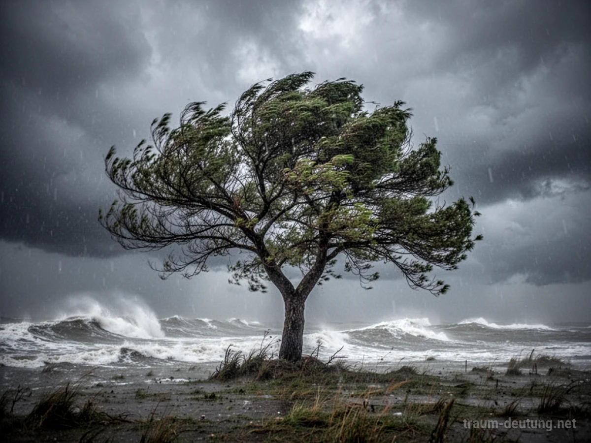 Ein einsamer Baum steht einem heftigen Sturm gegenüber, Äste biegen sich im Wind.