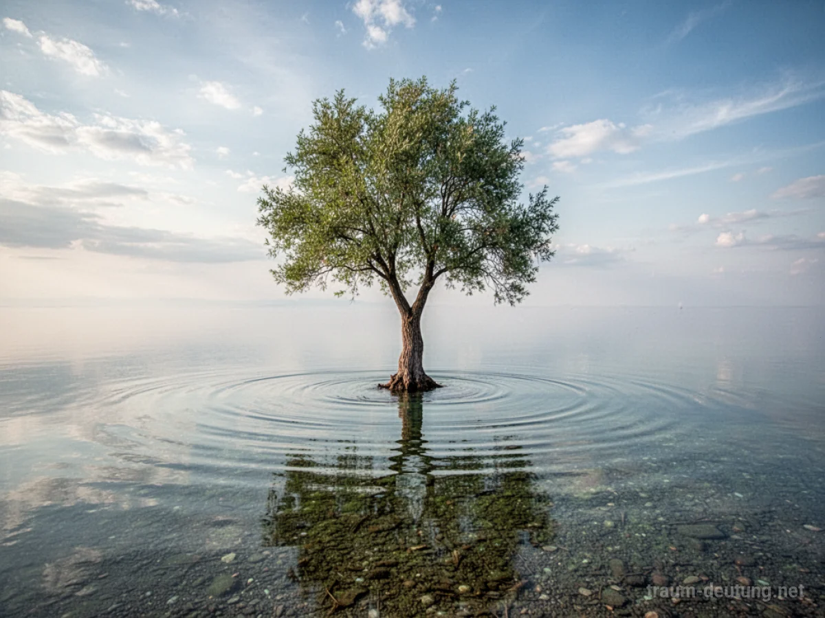 Ein Baum steht mitten in ruhigem Wasser und spiegelt den Himmel.