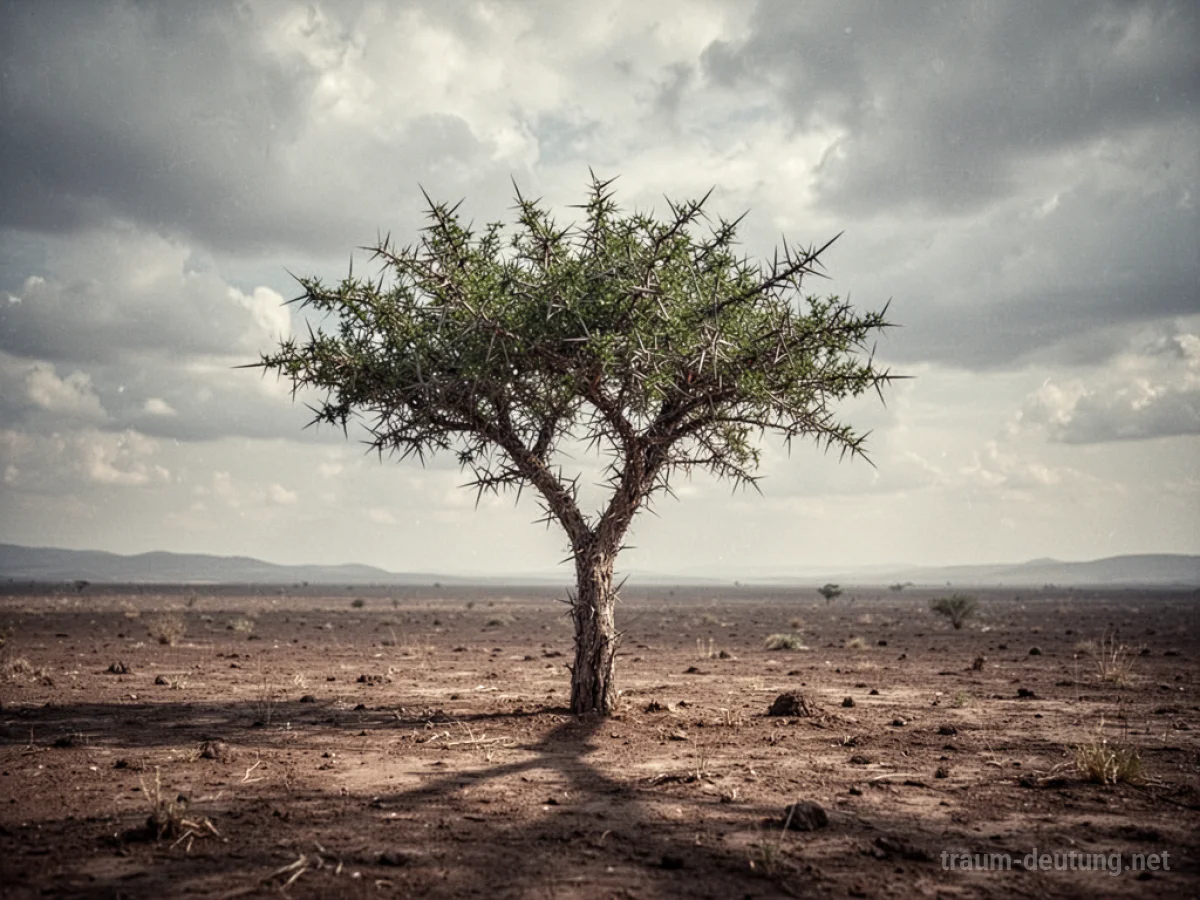 Ein einzelner Dornenbaum in karger Landschaft unter bewölktem Himmel.