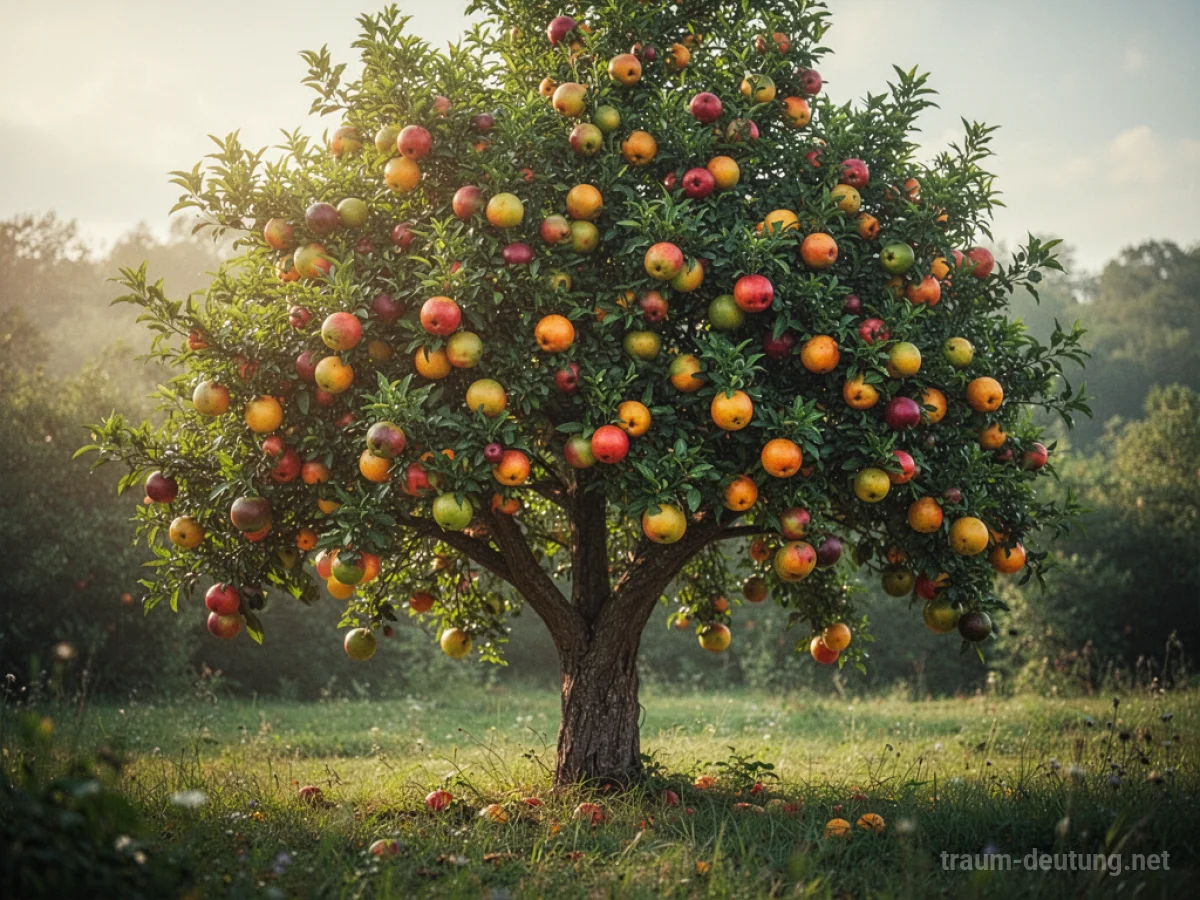 Ein Baum voller reifer Früchte unter strahlender Sonne.
