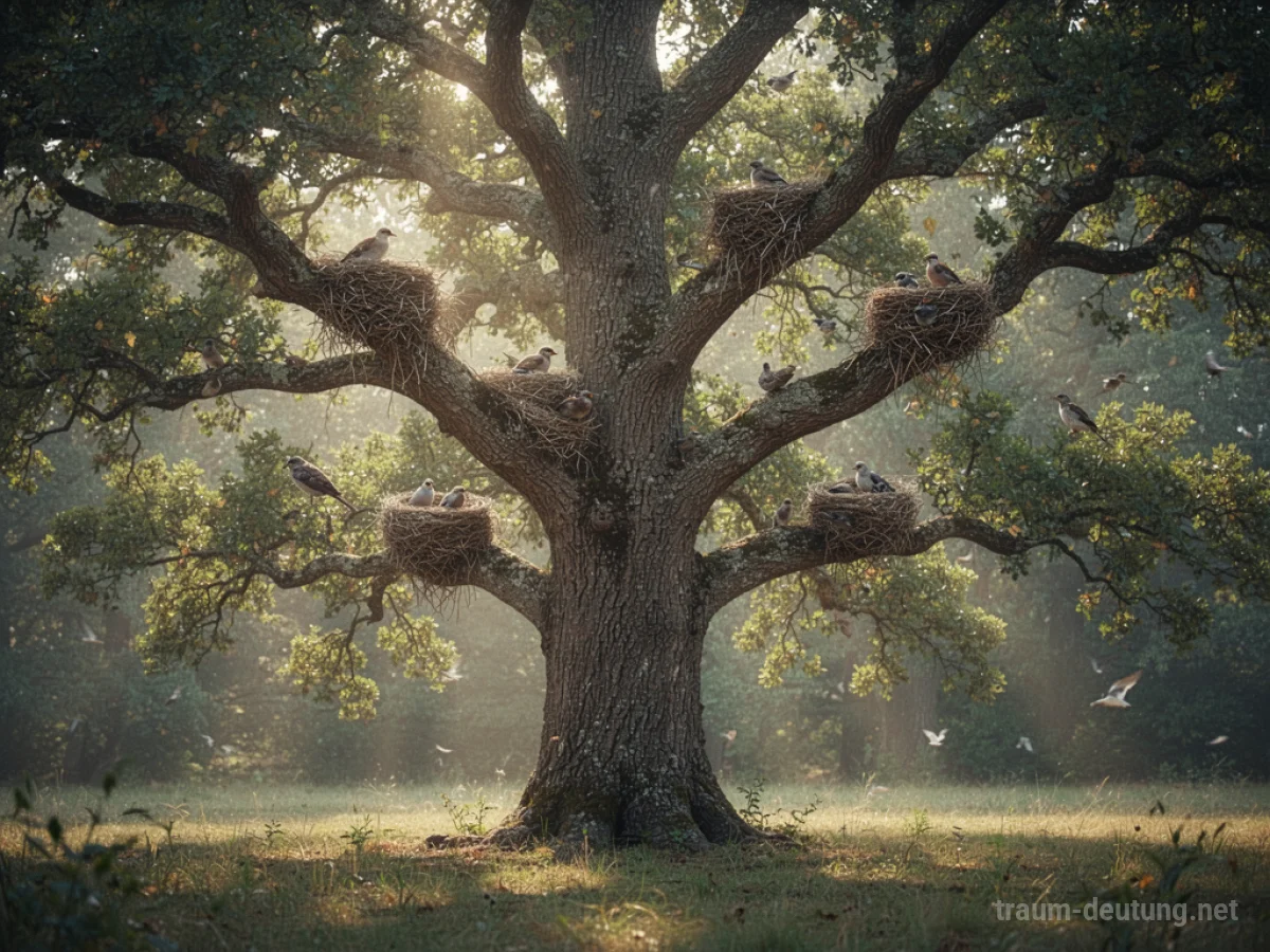 Ein großer Baum mit vielen Nestern in seinen Ästen im Sonnenlicht