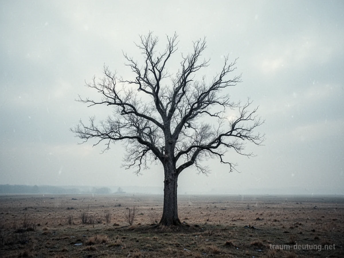 Ein kahler Baum steht allein auf einer weiten, leeren Fläche.