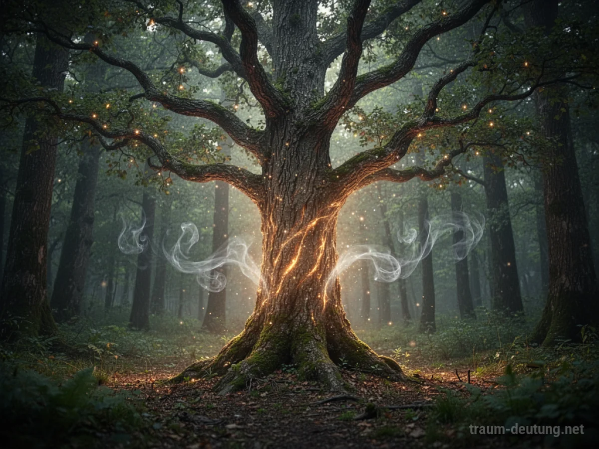 Ein alter Baum im Wald, dessen Rinde leuchtet und sanfte Geräusche von sich gibt.