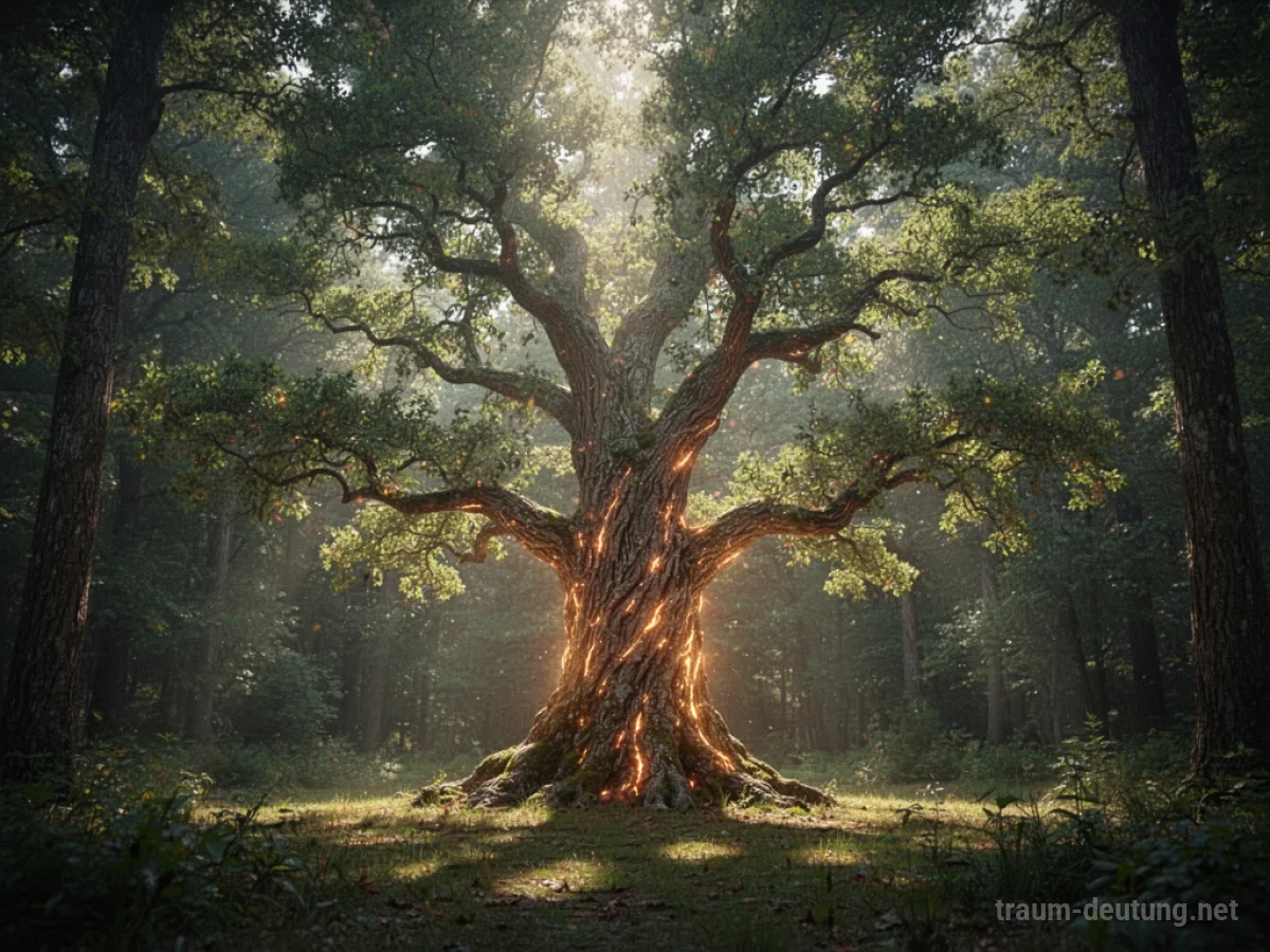 Ein alter Baum in einem Wald, dessen Rinde und Äste sanft von innen heraus leuchten und sich bewegen.