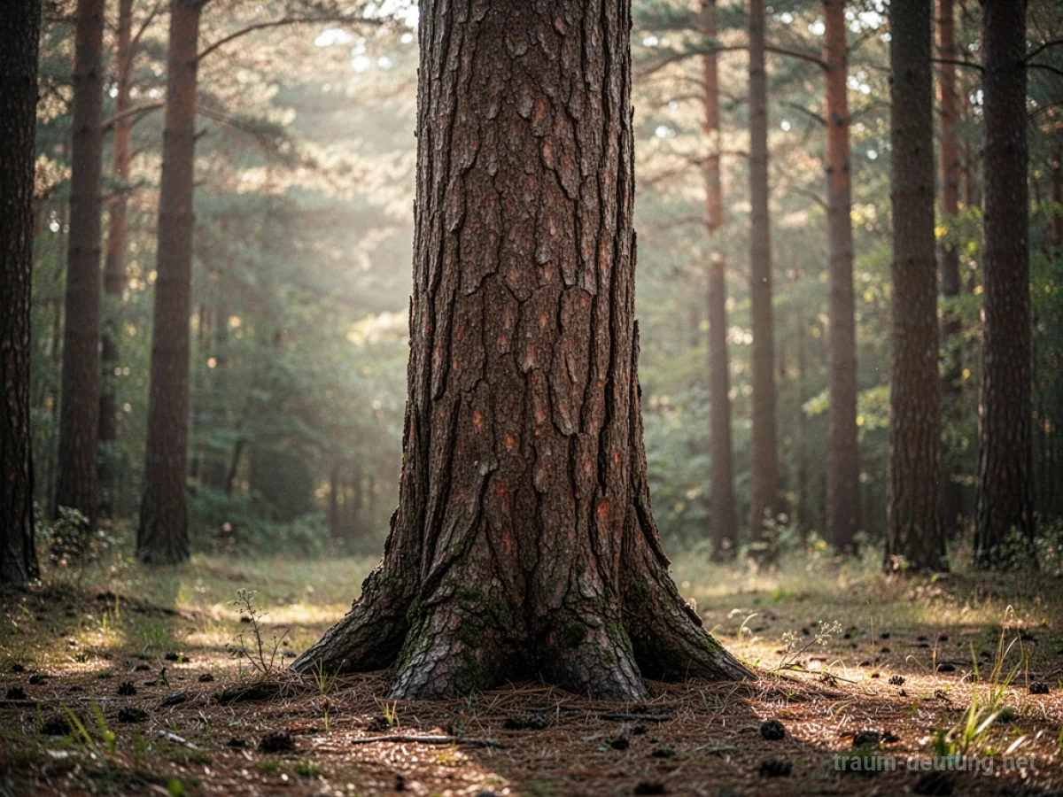Ein massiver Baumstamm steht aufrecht im Wald.
