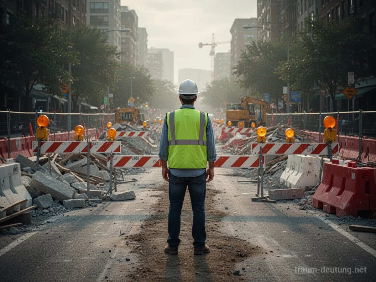 Eine Person steht vor einer von einer Baustelle blockierten Straße.