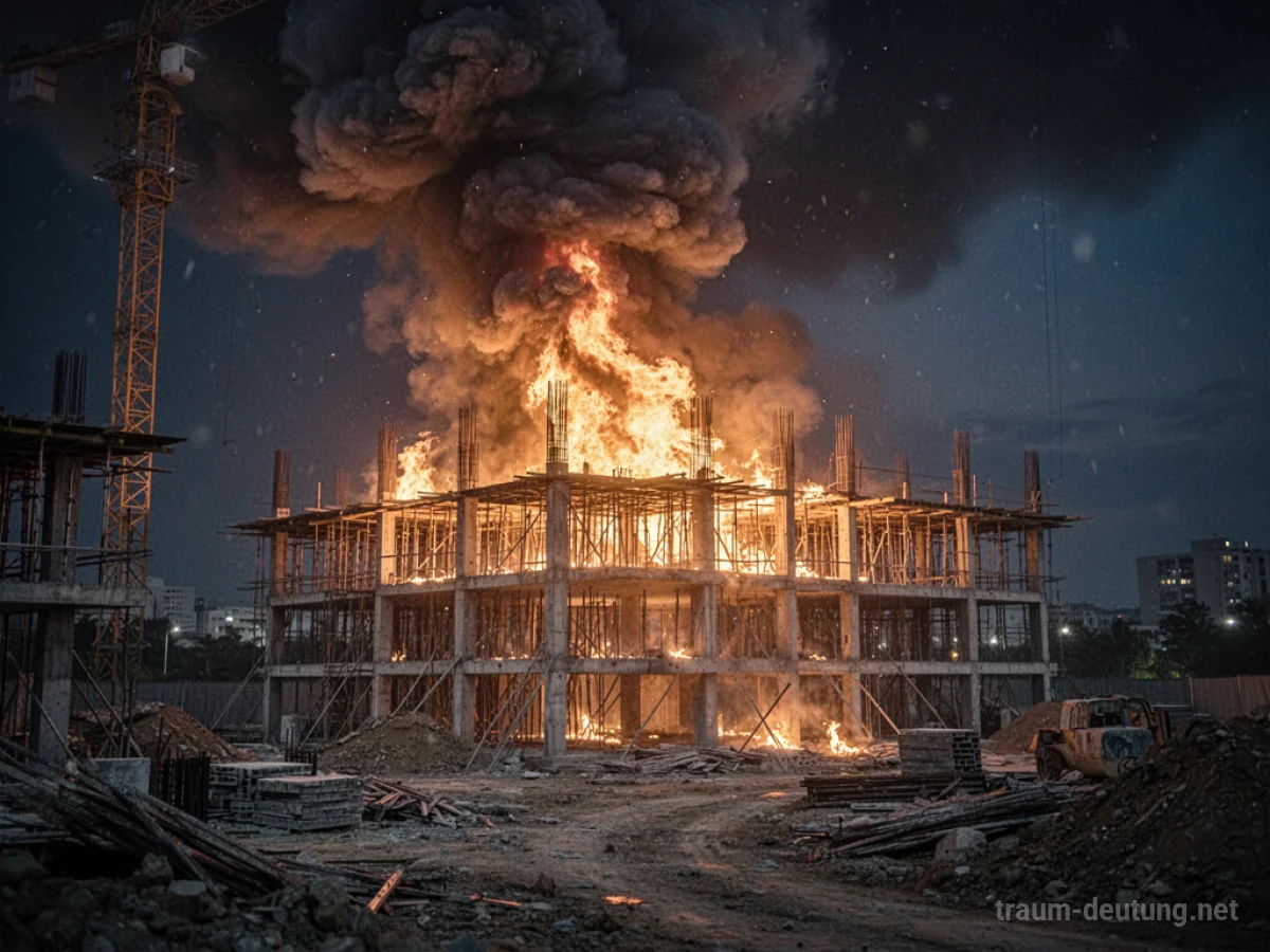 Eine brennende Baustelle mit Flammen und Rauch bei Nacht.