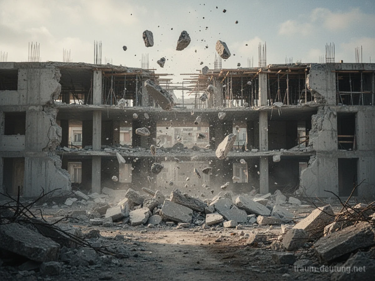 Einstürzende Baustelle mit herabfallendem Schutt.