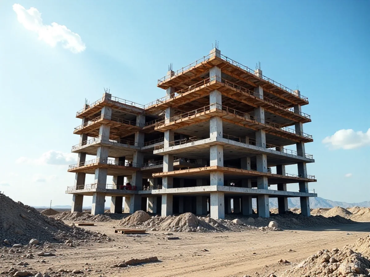 Fertiggestelltes Gebäude auf einer Baustelle unter strahlendem Sonnenschein.