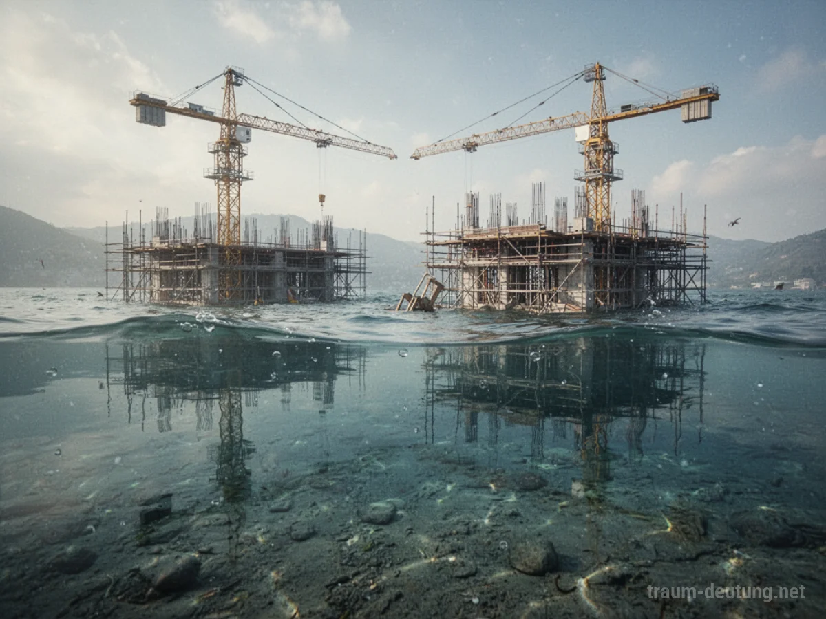 Baustelle, die teilweise im Wasser steht, mit Baumaschinen über der Wasseroberfläche.