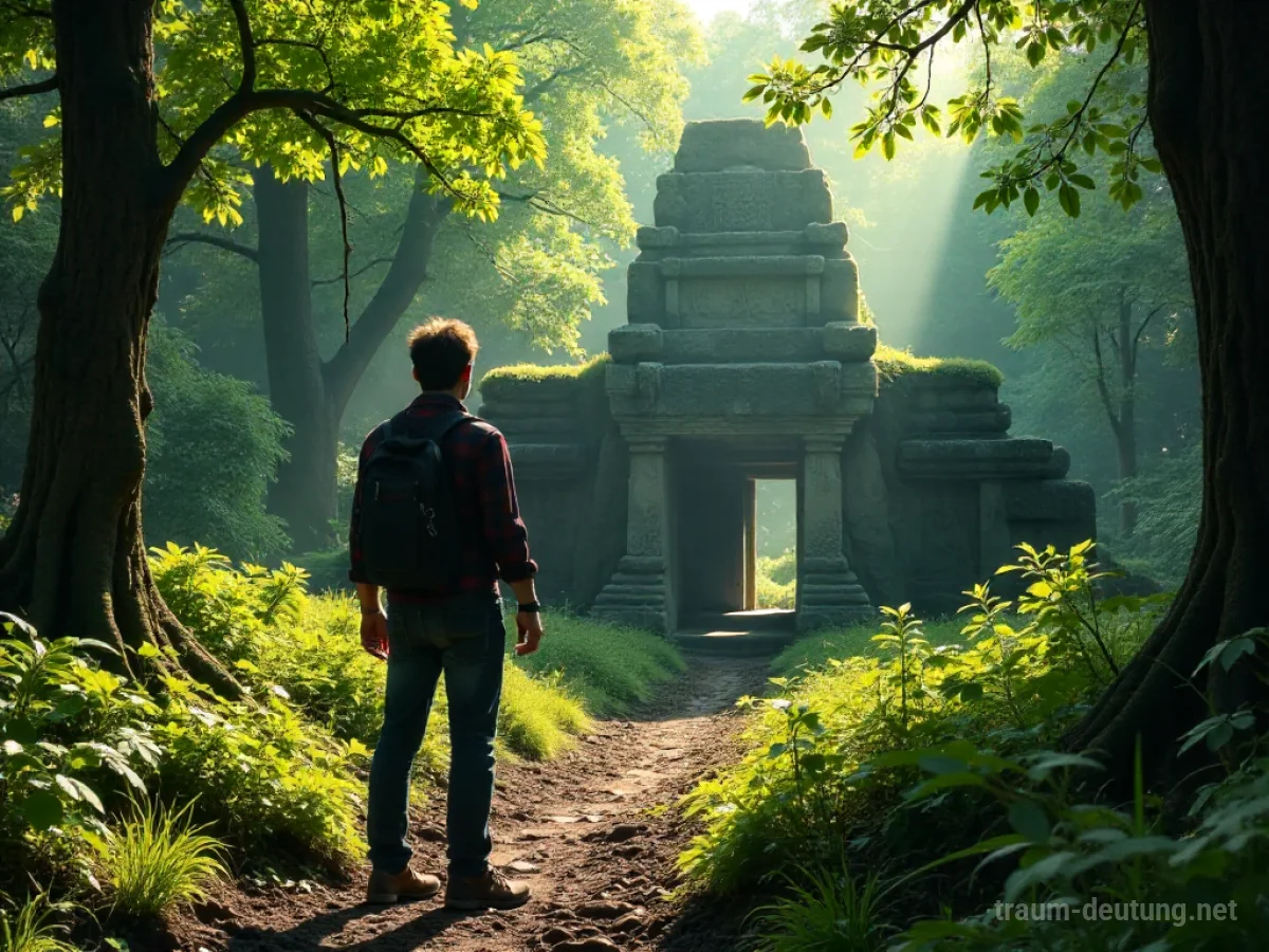 Eine Person entdeckt ein altes Bauwerk im Wald.