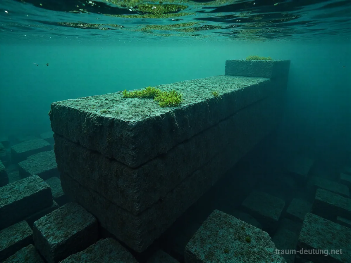 Ein versunkenes Bauwerk unter Wasser, umgeben von Algen und schattenhaften Fischen.