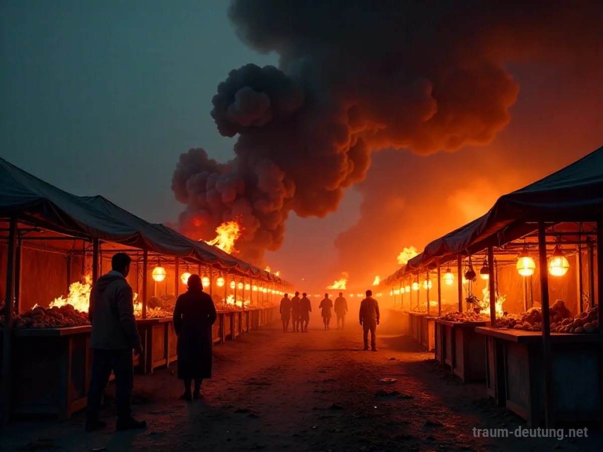 Brennender Bazar mit Rauch und Flammen über einer Menschenmenge in der Ferne.
