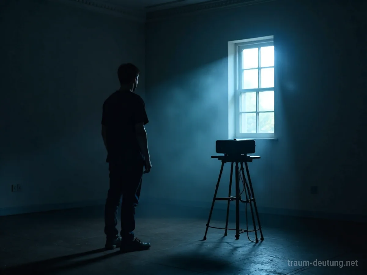 Silhouette einer Person in einem dunklen Raum, die auf einen leeren Platz starrt, wo früher ein Beamer stand.